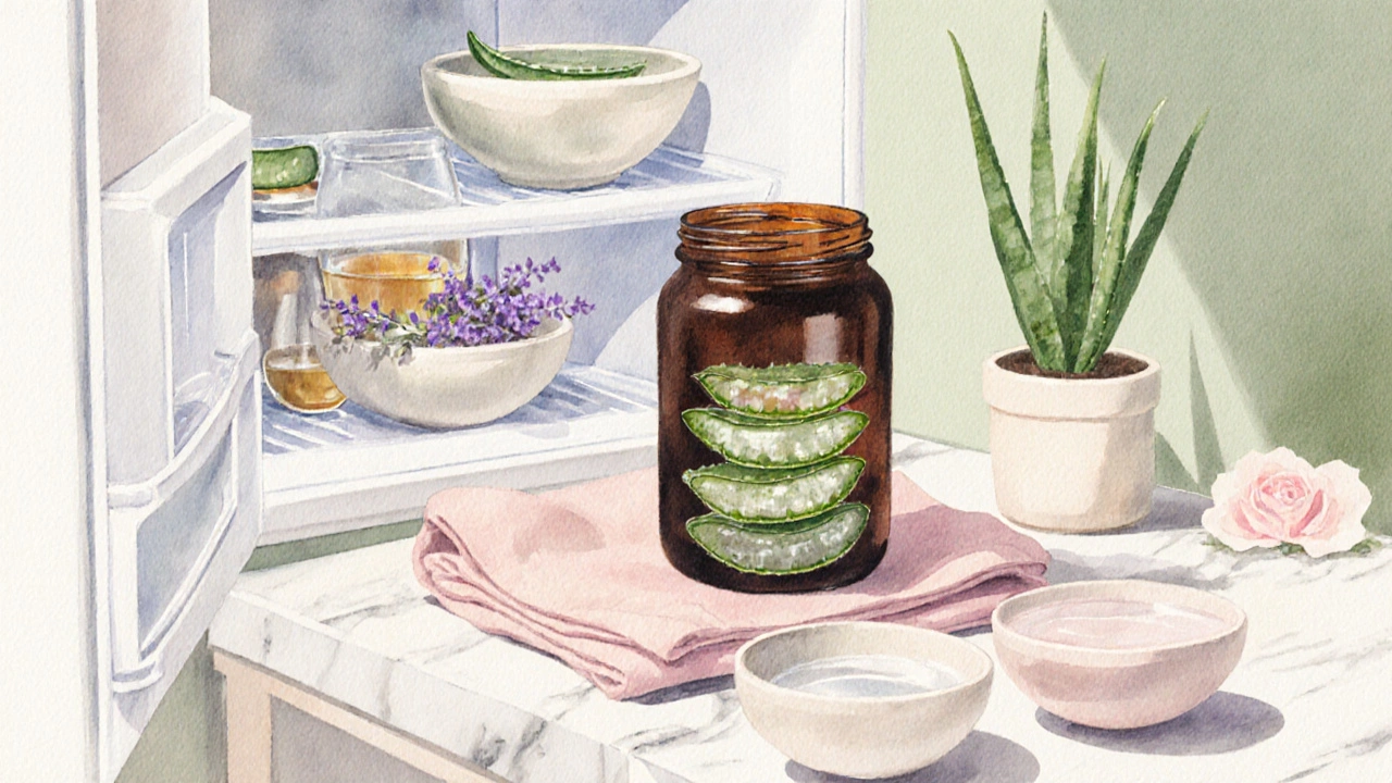 Akvarelový obrázek domácího kosmetického koutku s lahví aloe gelu, medem, levandulovým olejem a ledničkou.