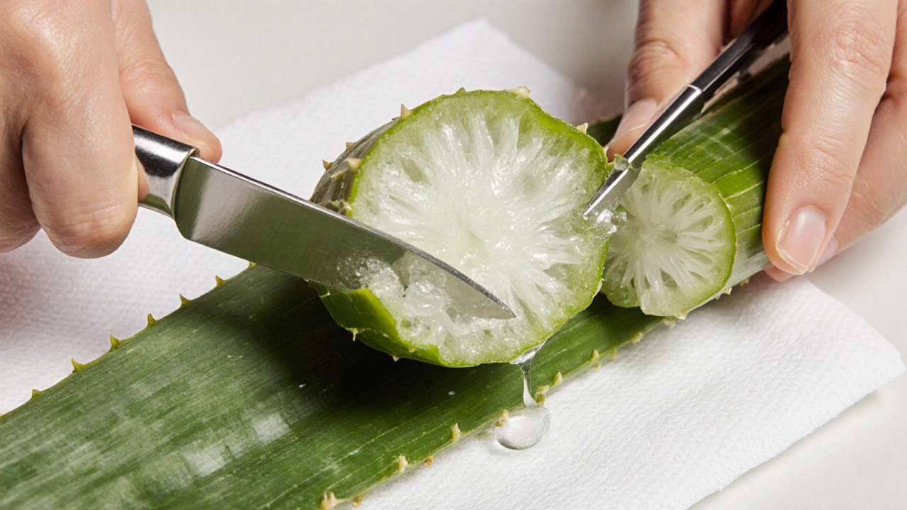 Blízký záběr rukou, které řezají aloe list a odstraňují zelenou slupku, odhalující bílý gel.