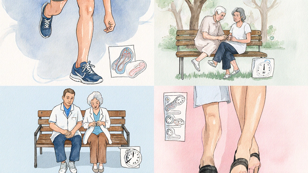 Čtyři skupiny lidí (běžec, senioři, diabetik, sestra) s nohou ukazují intervaly pedikúry.