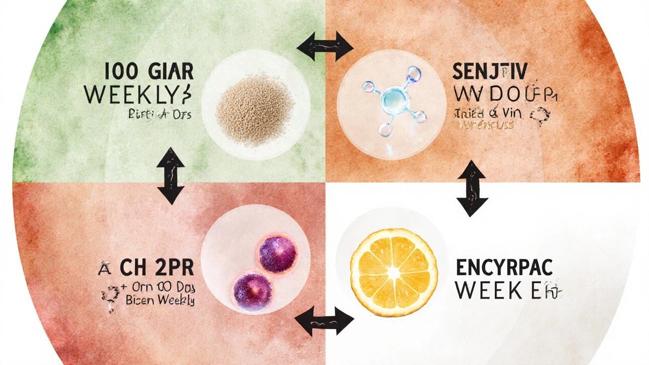 Čtyři typy pleti s příslušnými peelingovými prostředky ve vizuální kompozici.