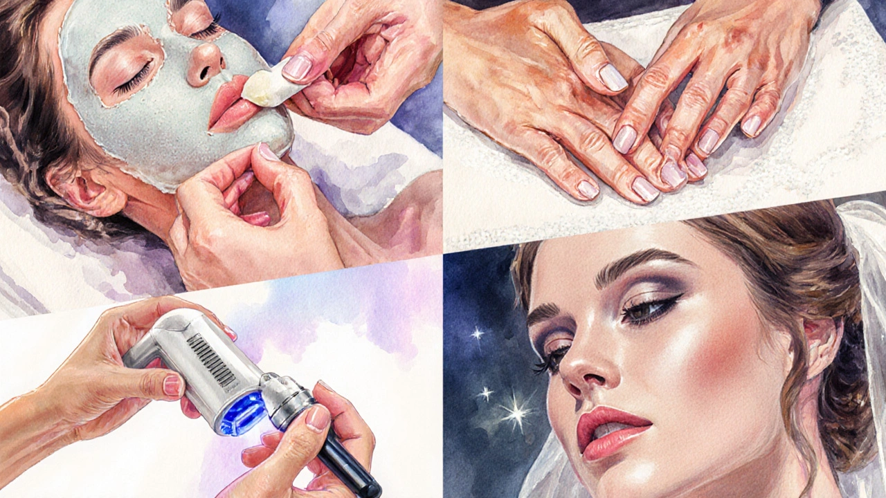 Detailní záběr rukou kosmetičky aplikující masku, provádějící manikúru, laserovou epilaci a make‑up.