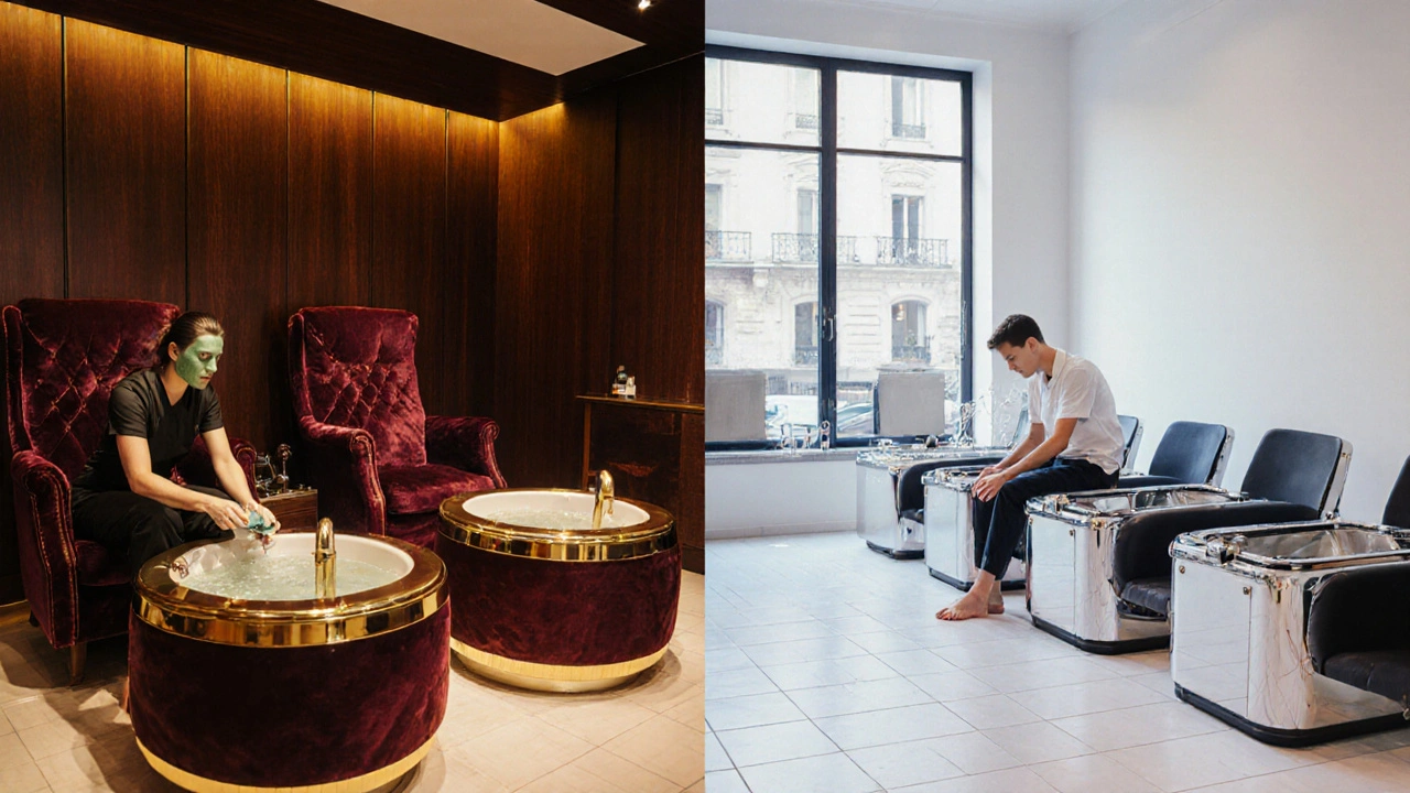Dvě pedikérské salóny v Praze: luxusní VIP a moderní boutique, kontrastní dekor.