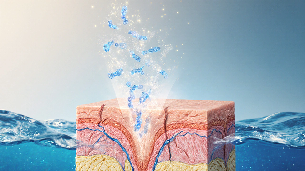 Ilustrace kůže s rybím kolagenem pronikajícím do dermis a stimulujícím výrobu kolagenu a elastinu.