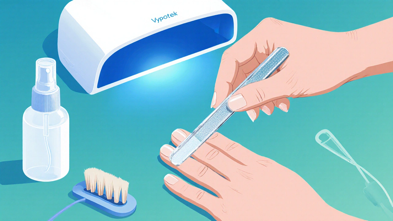 Ilustrace ruce používající jemnou pilku k úpravě Vypoteku.