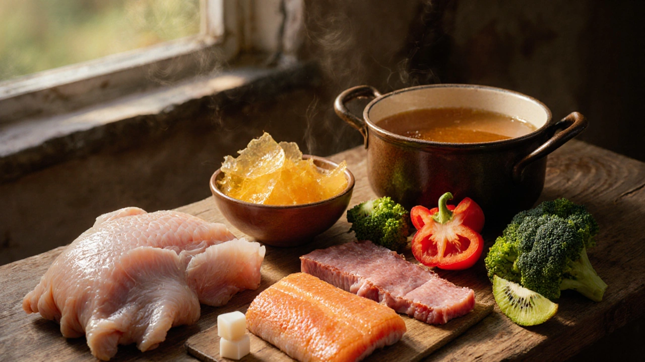 Kuchyňský stůl s kuřecí kůží, rybí kůží, vývarem, želatinou a vitaminem C.