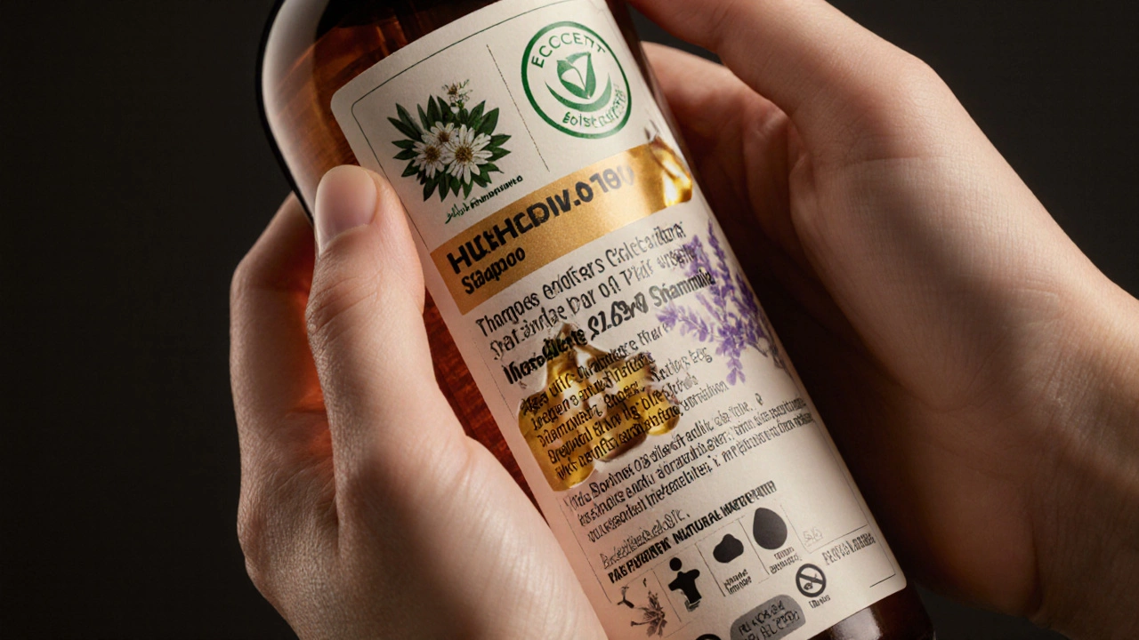 Makro záběr na láhev šamponu s ECOCERT štítkem, ukazuje přírodní ingredience i zakázané chemikálie.