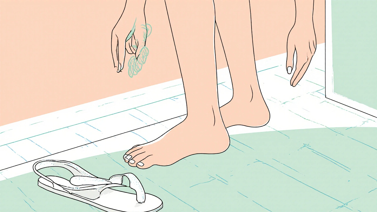 Osoba chodí naboso po slunné podlaze, zdravé nehty a hladká kůže po pedikúře.