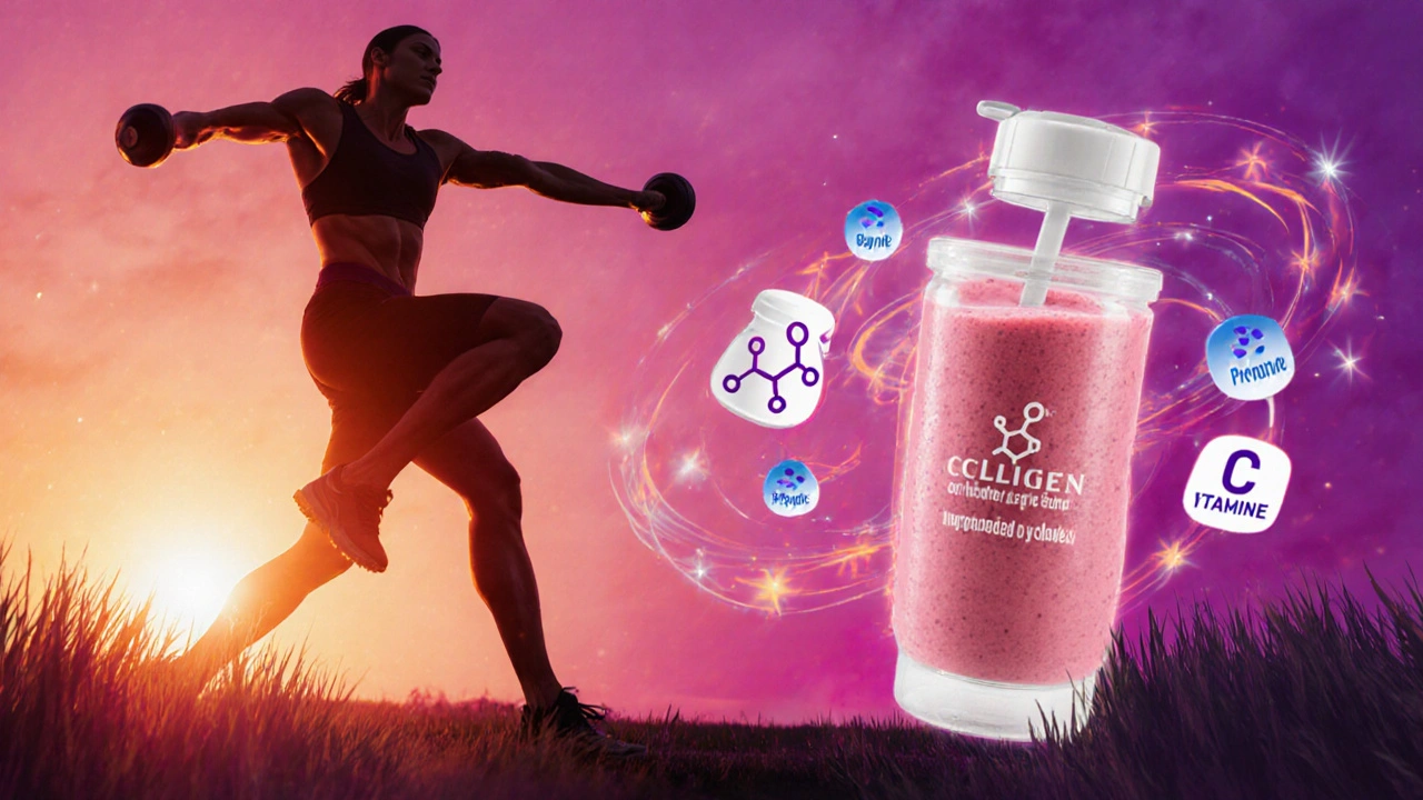 Osoba cvičí s kollagenovým koktejlem, kolem glycin, prolin a vitamin C.