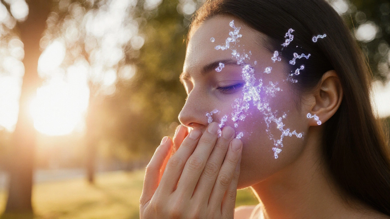 Osoba jemně masíruje obličej prsty při procházce v parku při západu slunce, jemné vlákna kolagenu se objevují kolem tváře.