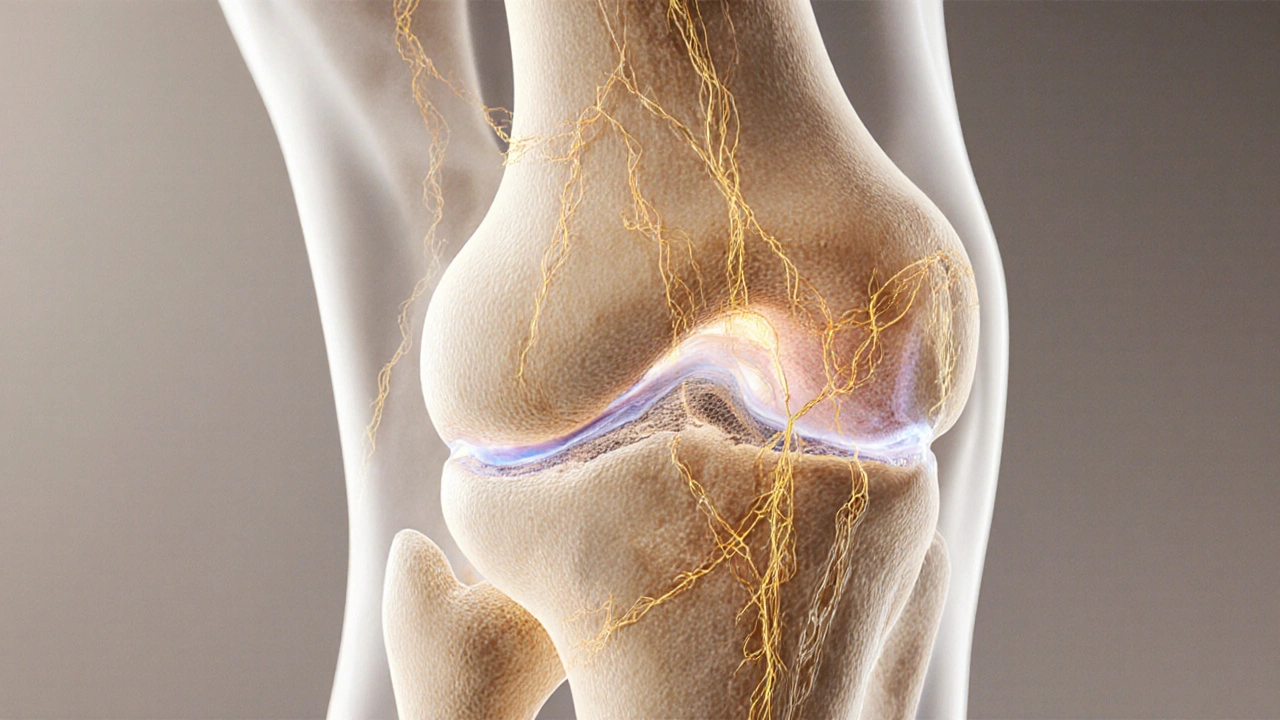 Přehled anatomie kolenního kloubu s viditelnými vlákny kolagenů typu II.