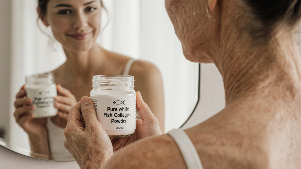 Ruce a krk s příznaky stárnutí, držící prášek rybího kolagenu, za nimi odraz mladší verze.