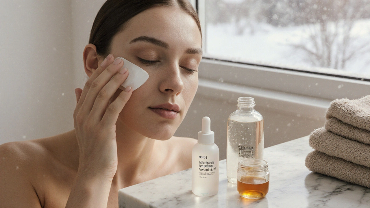 Ruka aplikuje krém na suchý obličej v klidném koupelně s výhledem na zimu.