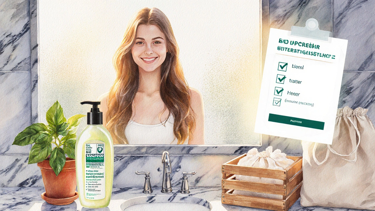Šťastná žena s lesklými vlasy v koupelně, obklopena rostlinami a certifikovaným bio šamponem.