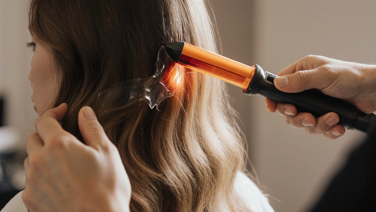 Stylistka nanáší keratin a používá zahřívací žehličku na vlasy.