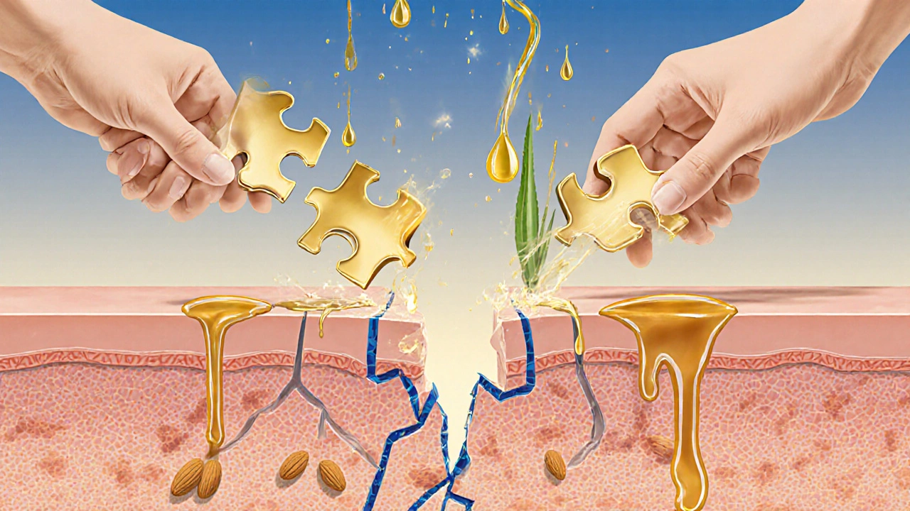 Symbolický obraz obnovy pleti pomocí ceramidů a přírodních látek jako stavebních prvků.