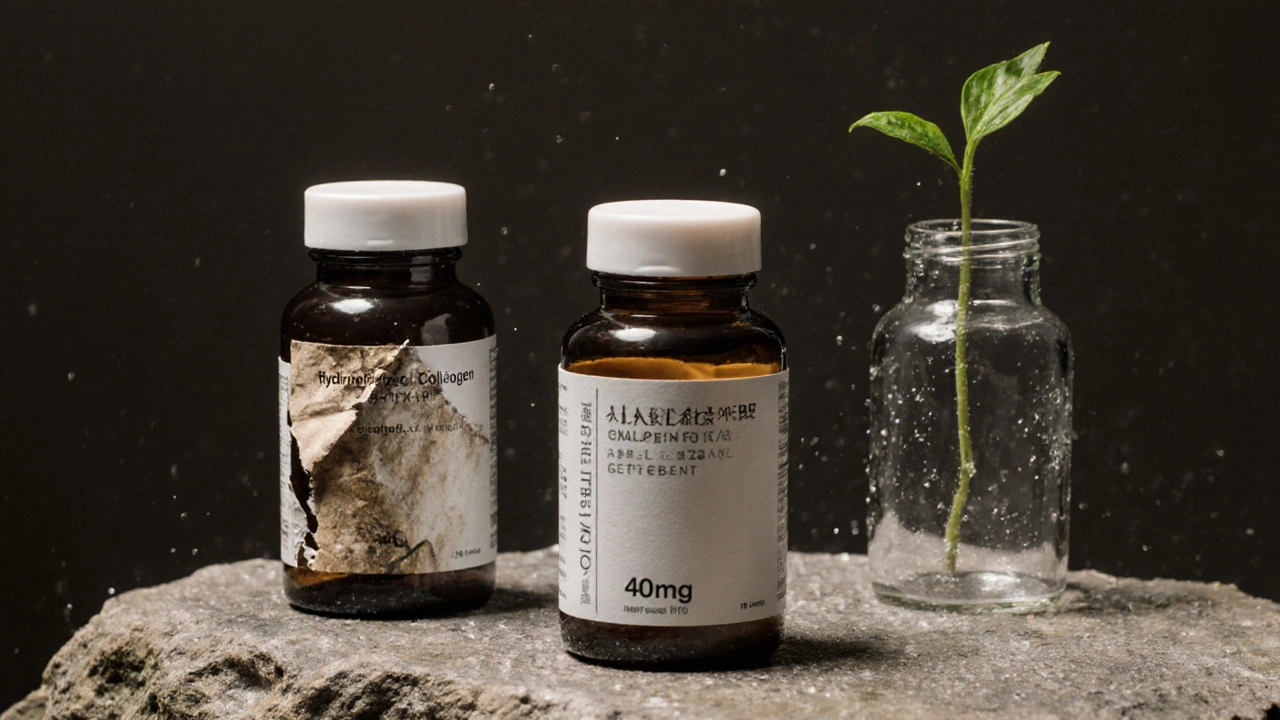 Tři láhve kolagenů: jedna neúčinná, jedna účinná s 40 mg, jedna s růstem.