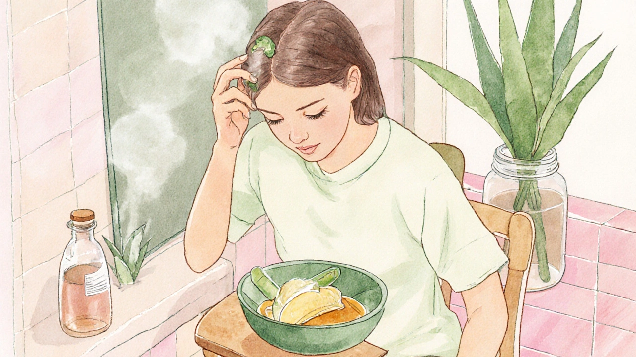 Žena aplikující aloe vera gel a banánovo‑medovou masku na vlasy v klidném koupelnovém prostředí.