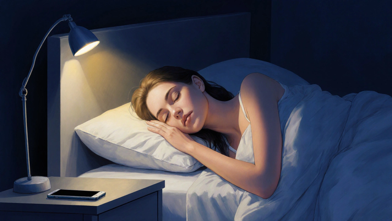 Žena spí v tmavé ložnici, měsíční světlo osvětluje její obličej, telefon je odložený na noční stolečku.