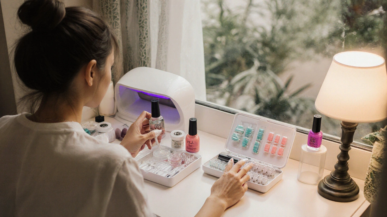 Žena u toaletního stolku vybírá mezi sadou pro gelové prodloužení a gel lakem.