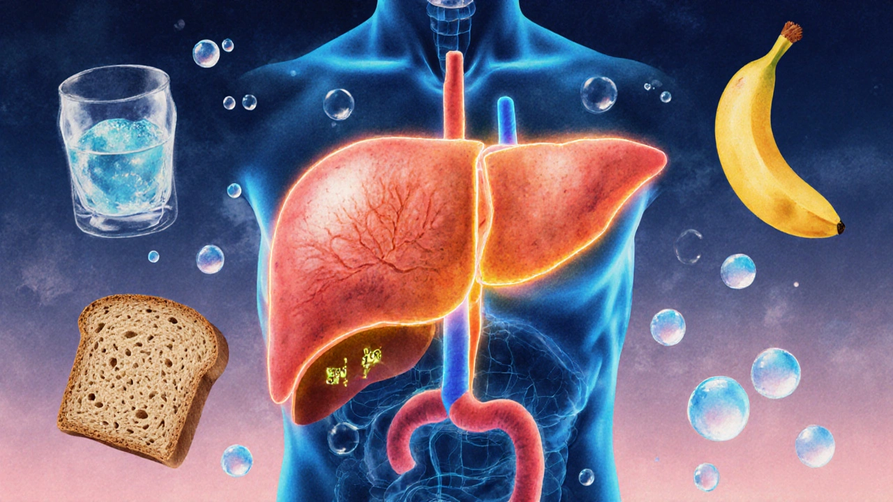 Anatomický obrázek jater s enzymy rozkládajícími alkohol a symboly hydratace.