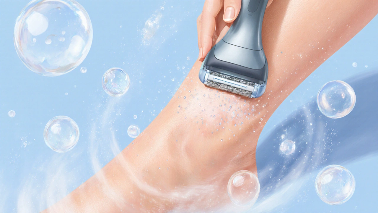 Detailní zobrazení citlivé kůže při holení s vodou a přírodními složkami v pozadí.