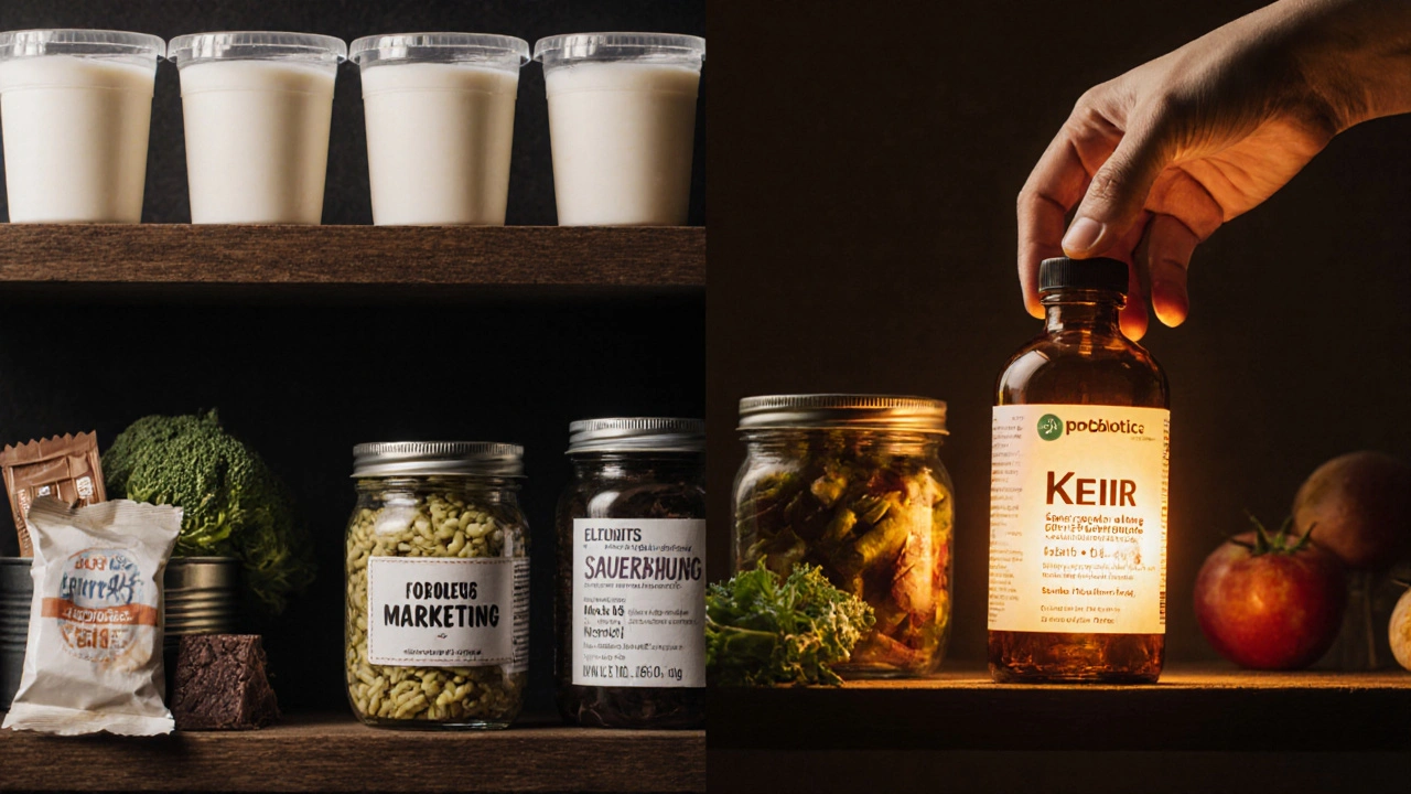 Dvě regály: jedna s nekvalitními produkty, druhá s přirozenými probiotiky a jasně označeným doplňkem.