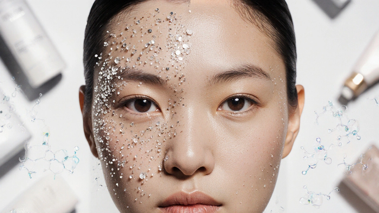 Dvě strany obličeje: jedna znečištěná, druhá jasná a hydratovaná.