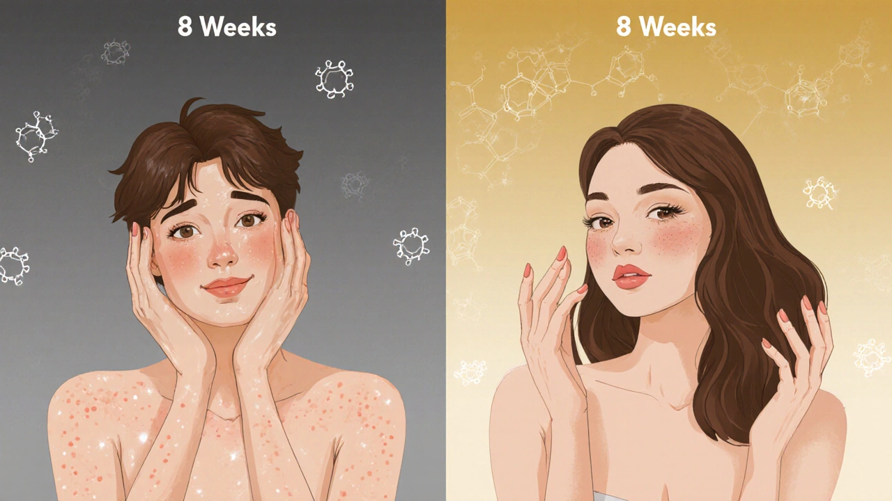 Dvě strany obrázku ukazují změnu pleti, nehtů a vlasů po 8 týdnech užívání kolagenu.