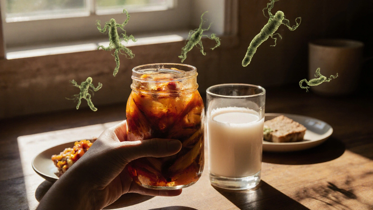 Fermentované potraviny jako kimchi a kefír na kuchyňském stole při přírodním světle.