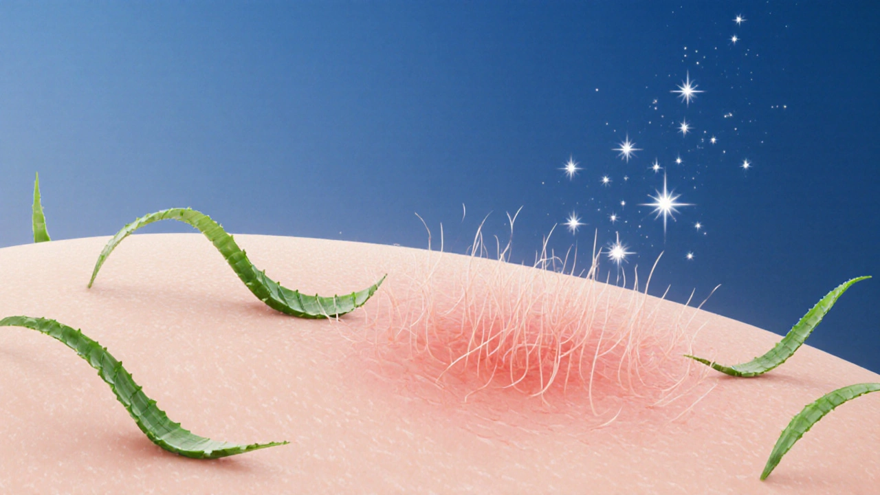 Hojení pokožky po depilaci s aloe verou a mírným zčervenáním.