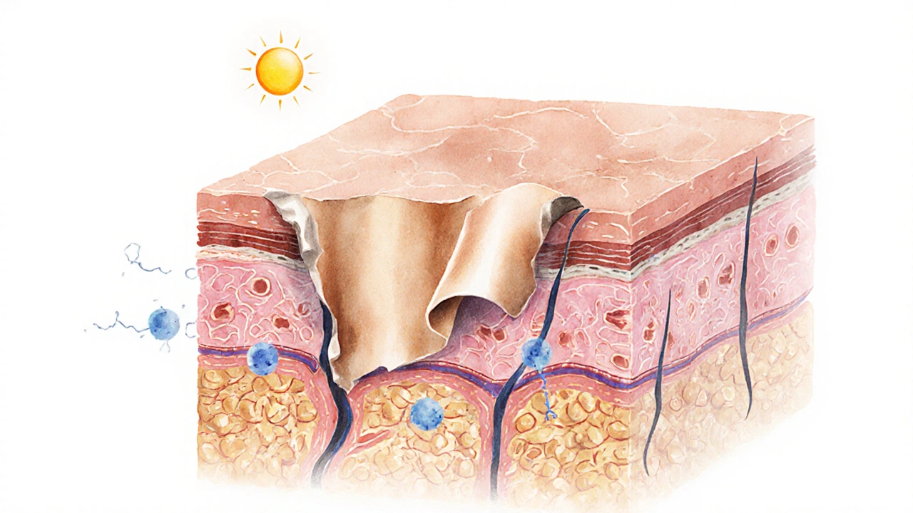 Ilustrace regenerace kůže po peelingu s hydratačními molekulami a ochrannou bariérou.