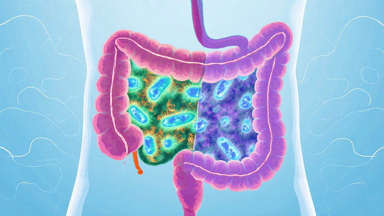 Ilustrace střeva s živými bakteriemi po antibiotikách, většina bakterií je oslabená.