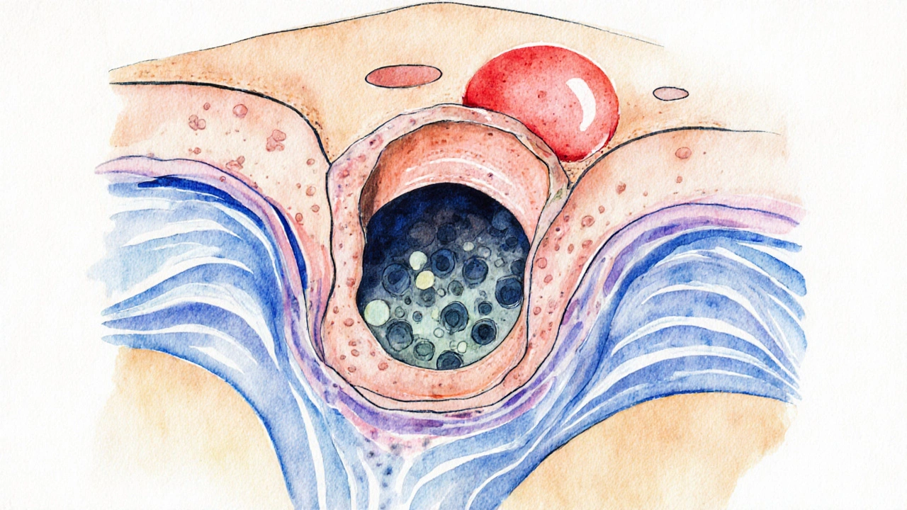 Ilustrace zablokovaného pórů s tukem, mrtvými buňkami a bakteriemi vedoucími k akné.
