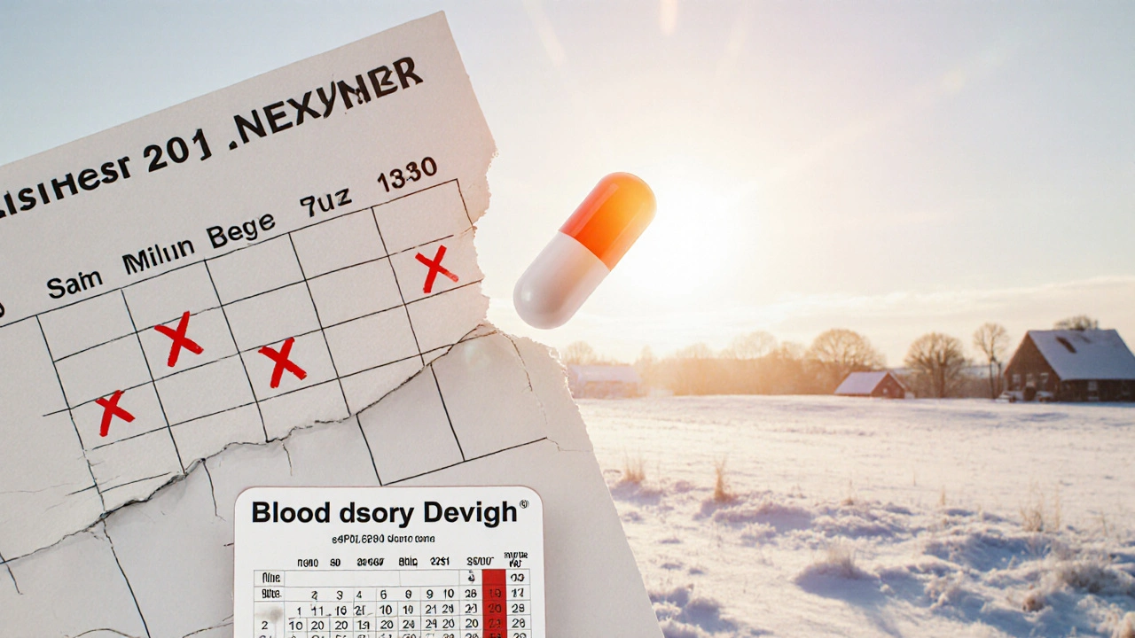 Kalendář s vystřiženými zimními měsíci a kapslí vitamínu D směřující k slunci