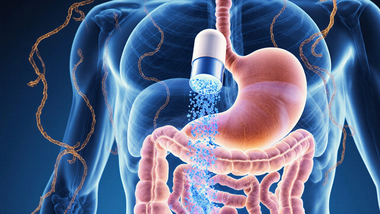 Kapsle uvolňující probiotika do trávicího traktu, doprovázená prebiotickými vlákninami.