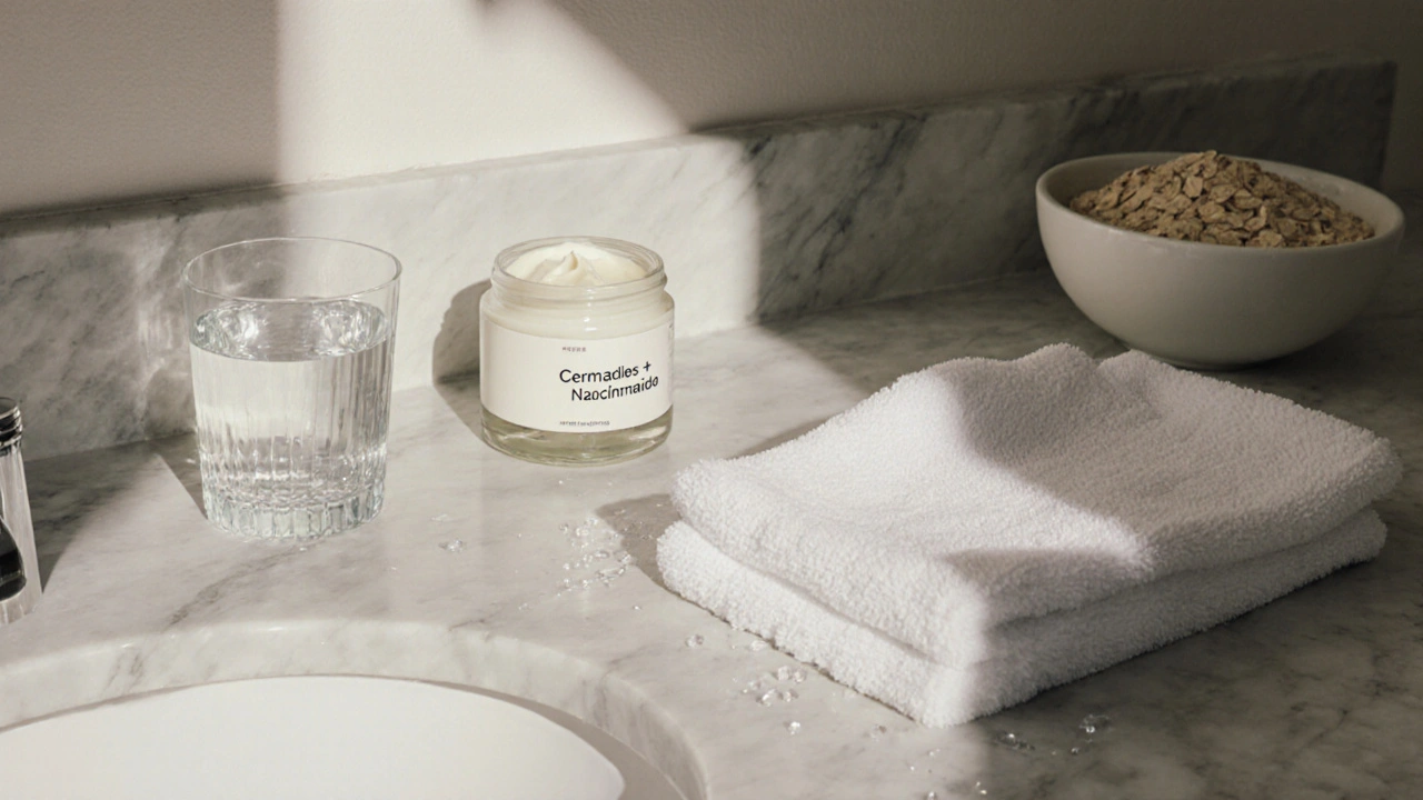 Klidná koupelna s chladným obkladem, vodou a jednoduchým krémem — žádné látky, jen klid a obnova.