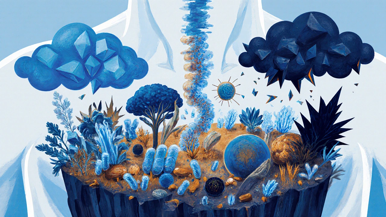 Konceptuální znázornění rovnováhy mezi prospěšnými bakteriemi a škodlivými faktory ve střevech.