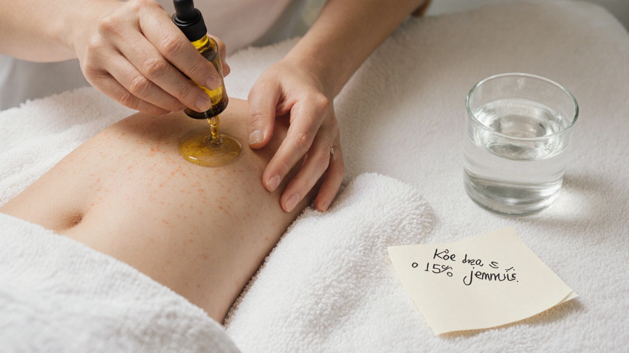 Kosmetička jemně aplikuje olej na břicho ženy po porodu, viditelné roztaženiny.