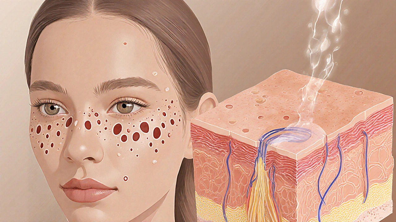 Křížový řez kůže ukazující rozdíl mezi poškozenými a zdravými póry.