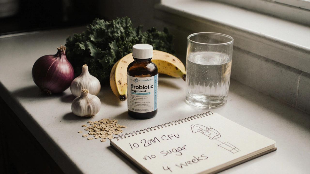 Kuchyňský stolek s probiotikem, zeleninou, oveskou a vodou – zdravý styl života.