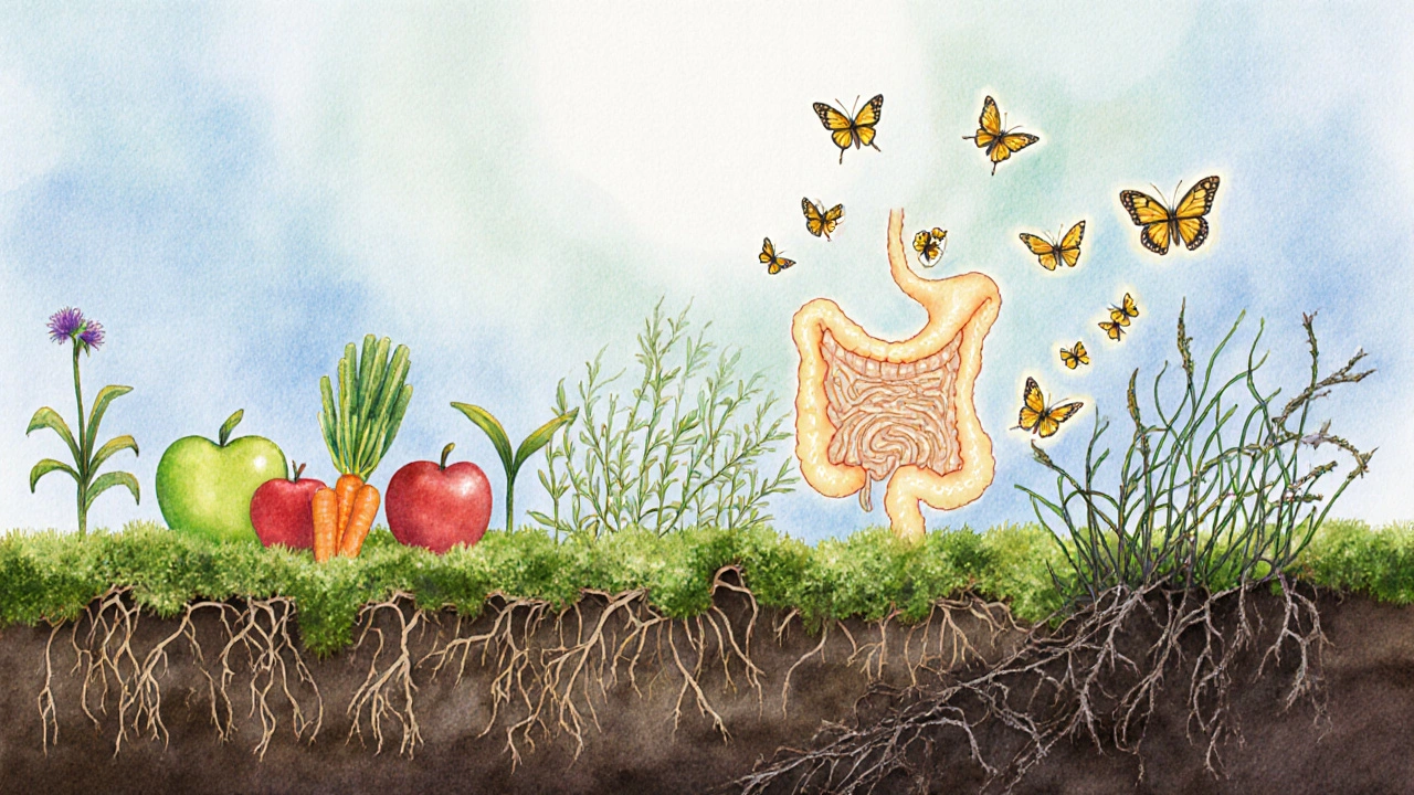 Lidské střevo jako zahrada s jemnými motýlky představujícími užitečné bakterie a vlákninou jako rostlinami.
