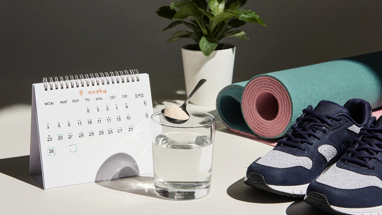 Lžíce rybího kolagenu v sklenici vody vedle obuví a kalendáře s označenými týdny.