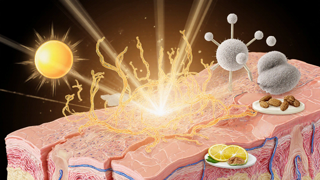 Mikroskopický pohled na kůži, kde fibroblasty vyrábějí kolagenová vlákna