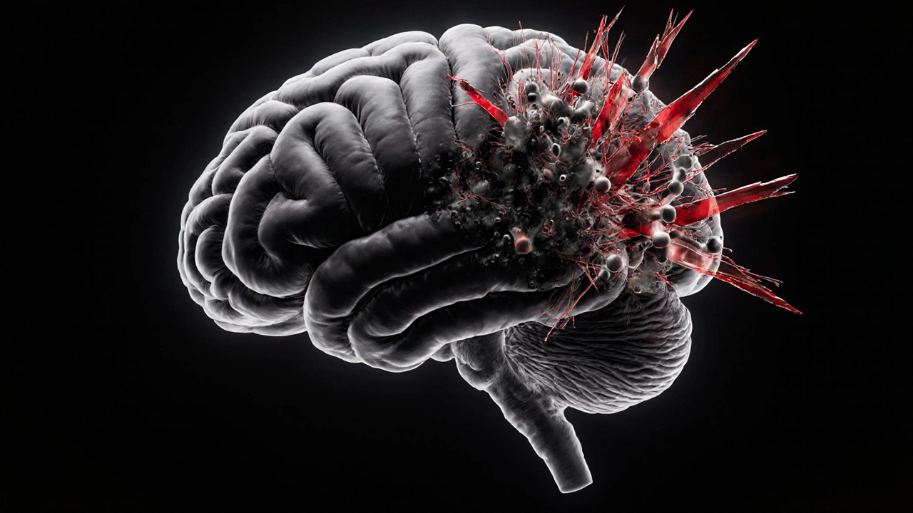 Mozek s viditelnou atrofií a rozpadajícími se nervovými spojeními pod vlivem alkoholu.