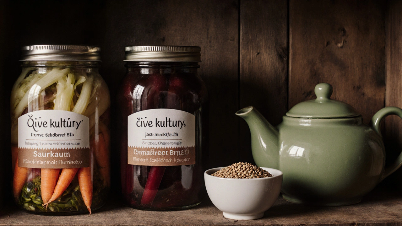 Na poličce jsou kvasené zeleniny a zelený čaj.