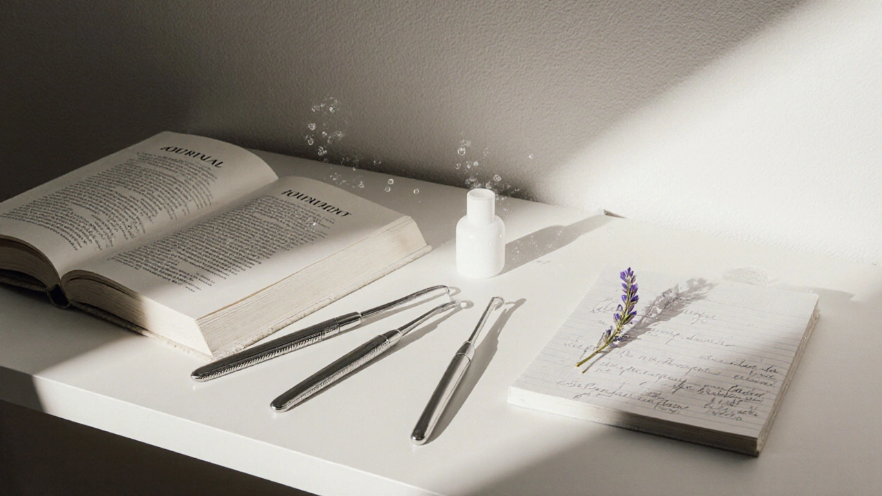 Na poličce jsou sterilizované nástroje, kniha a poznámky bez jakýchkoli značek.