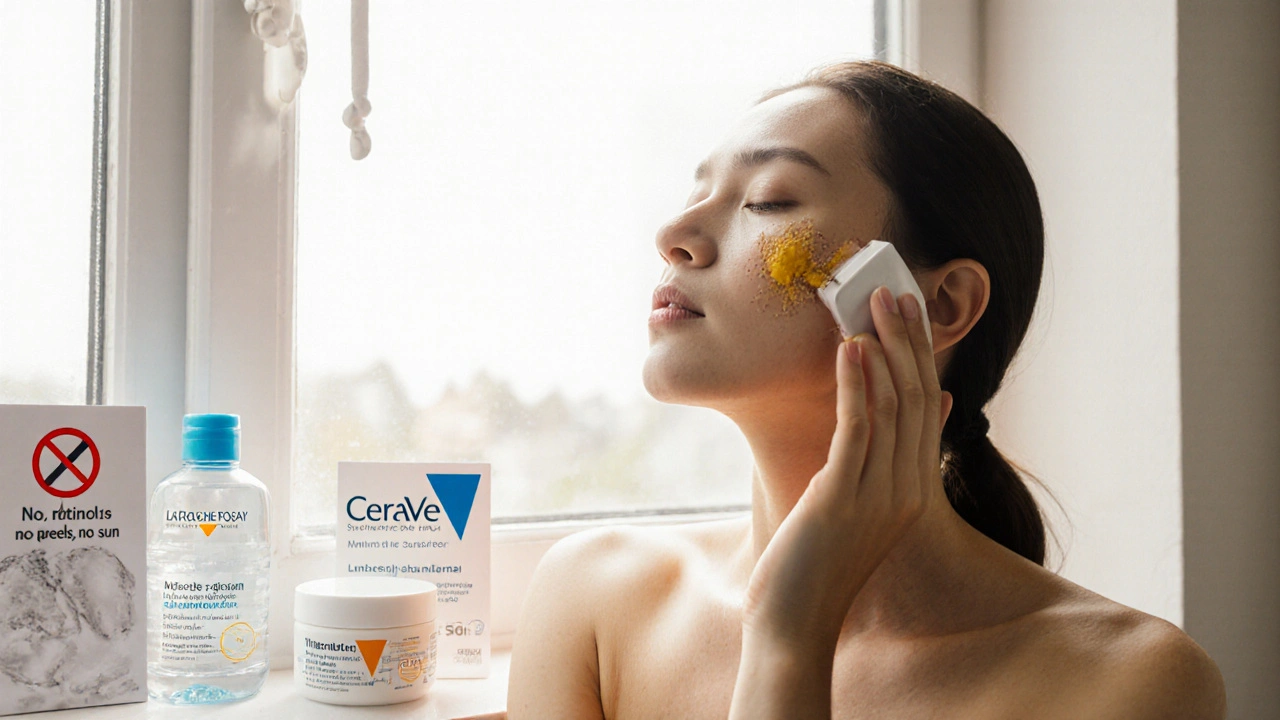 Osoba aplikuje minerální sluneční filtr na pleť po peelingu, na pozadí ochranné produkty.