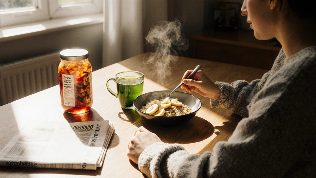 Osoba jí ovesnou kaši s banánem v kuchyni, na stole zelený čaj a kimchi.