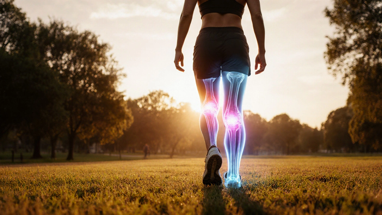 Osoba kráčí v parku s viditelnou regenerací kloubů.