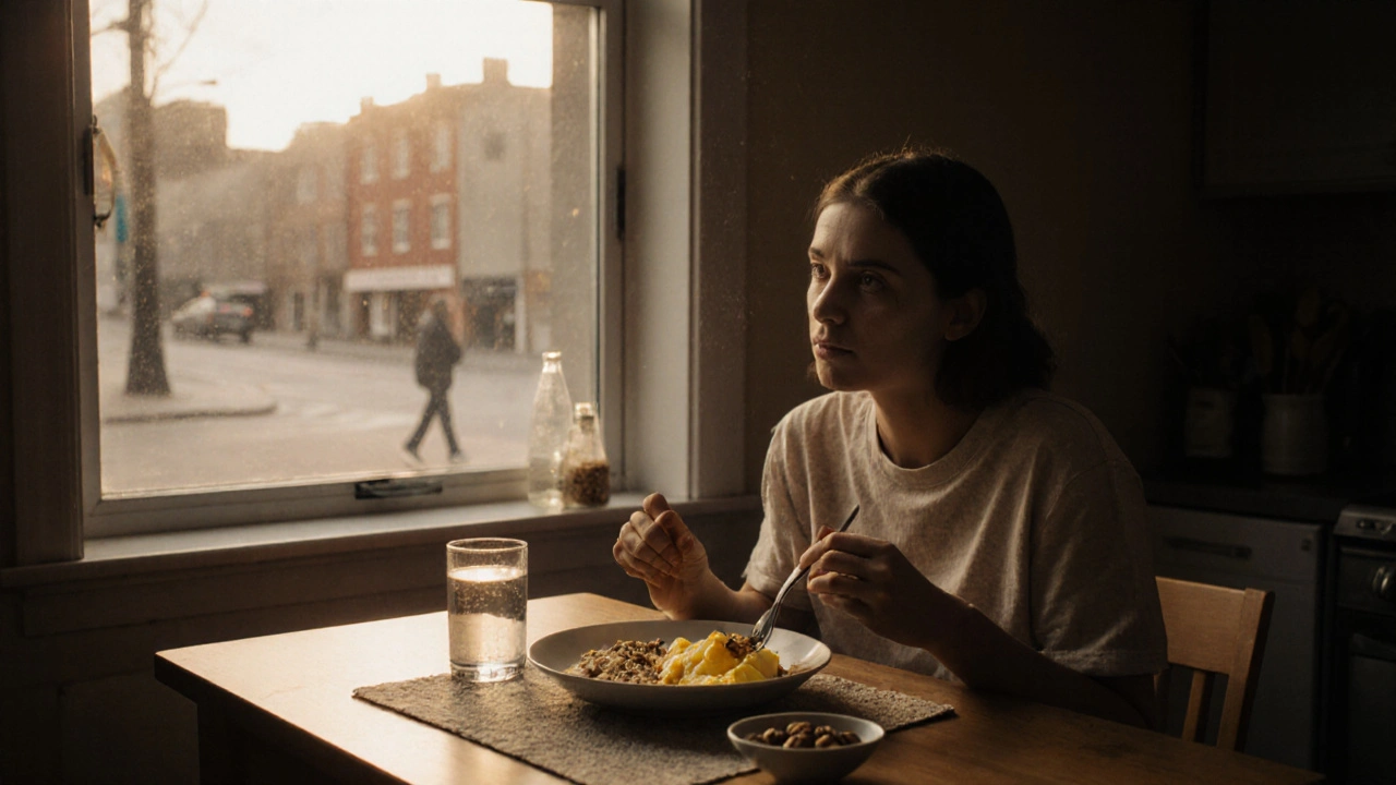 Osoba sní snídani v klidné kuchyni při světle rána bez alkoholu.